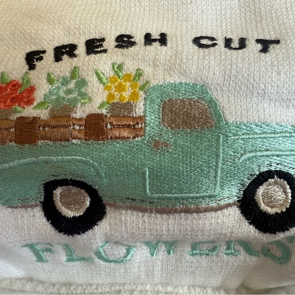 Spring Pillow with Embroidered pickup Truck flowers aqua white throw pillow - Picture 4 of 8